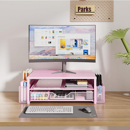 OPNICE Wood Desk Organizers and Accessories, 2-Tier Computer Monitor Stand Riser with Drawer and 2 Pen Holders, Laptop Stand, Office Desk Accessories for Office Supplies, Brown