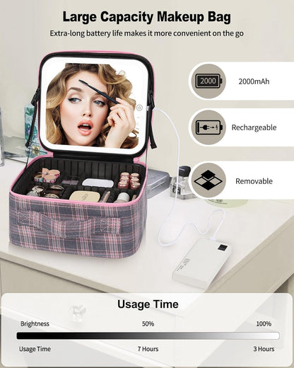 Relavel Travel Makeup Bag With LED Mirror, Cosmetic Train Case with Light up Mirror, Portable Makeup Artist Organizer Bag with Adjustable Dividers, Makeup Brush Holder Storage, Black
