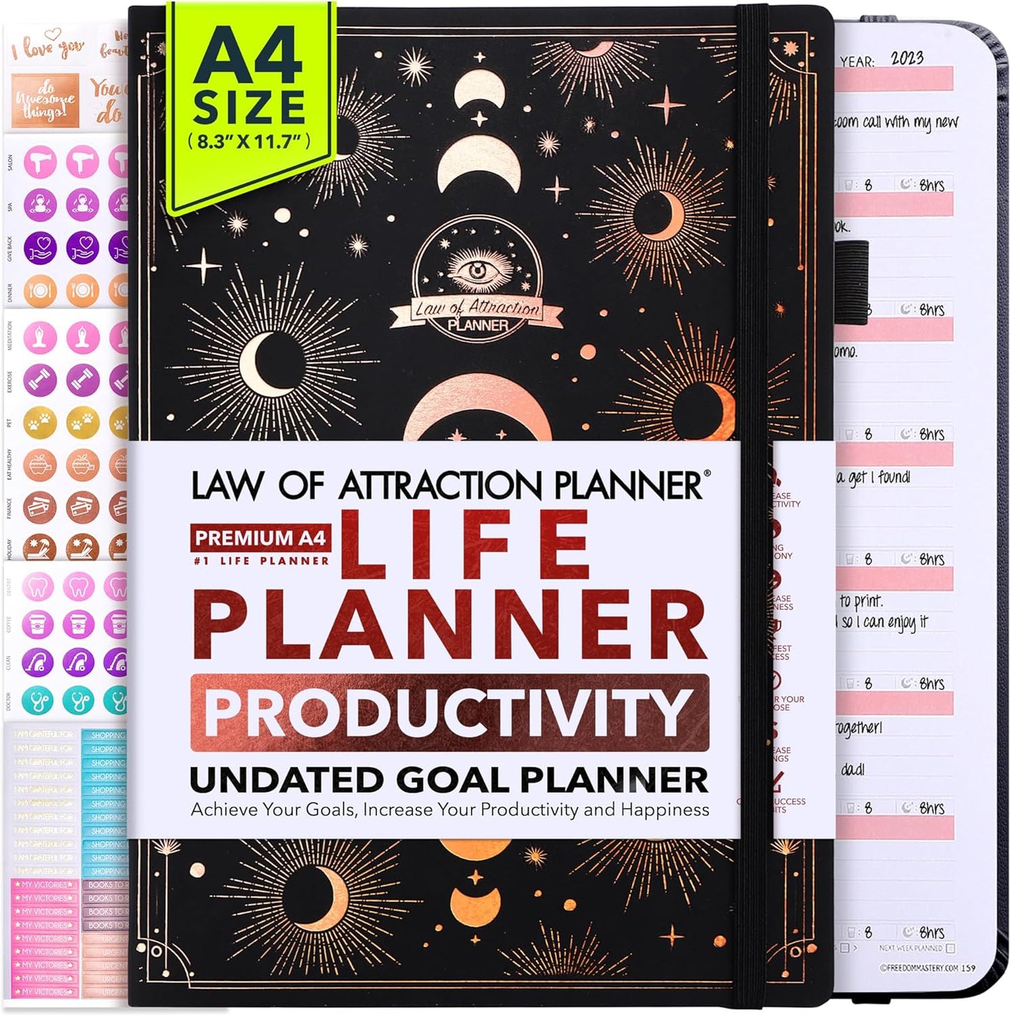 Life Planner - Undated Weekly & Monthly Planner, 12-Month Journey to Increase Productivity | Gratitude Journal, Life Organizer & Goal Journal | Include Foldable Vision Board, Habit Tracker & Stickers