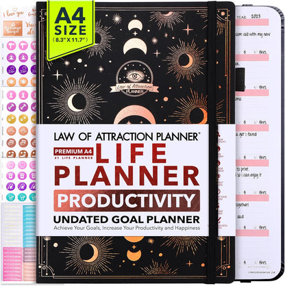 Life Planner - Undated Weekly & Monthly Planner, 12-Month Journey to Increase Productivity | Gratitude Journal, Life Organizer & Goal Journal | Include Foldable Vision Board, Habit Tracker & Stickers