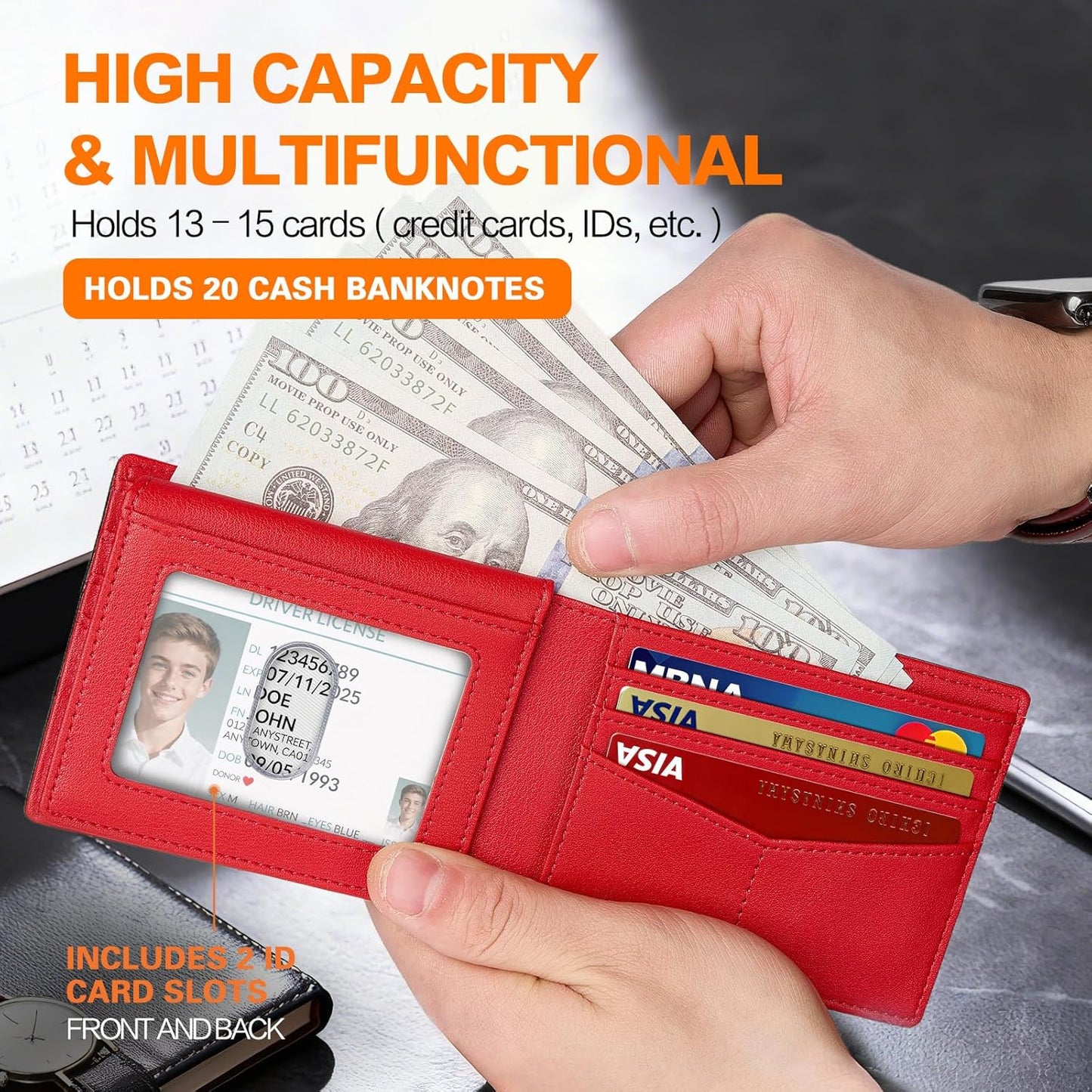 Wallet for Men Slim RFID Blocking Bifold Carbon Fiber,Minimalist Small Compact Front Pocket Credit Card Holder,Thin Mens Leather Wallets Smart Security With 2 ID Windows 1 Cash,Birthday Gifts for Men