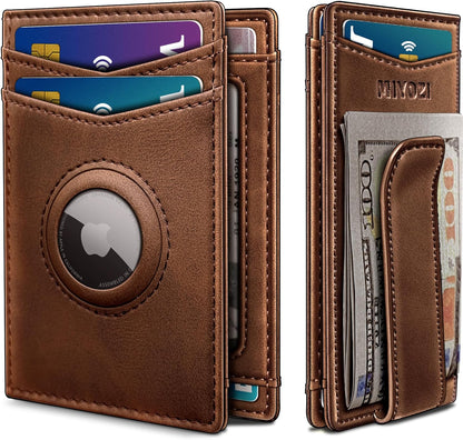miyozi Airtag Wallet for Men- with Money Clip Gift Boxed, Magnetic Closure Slim Genuine Leather Front Pocket Wallet, 4.1"x 2.8", RFID Blocking