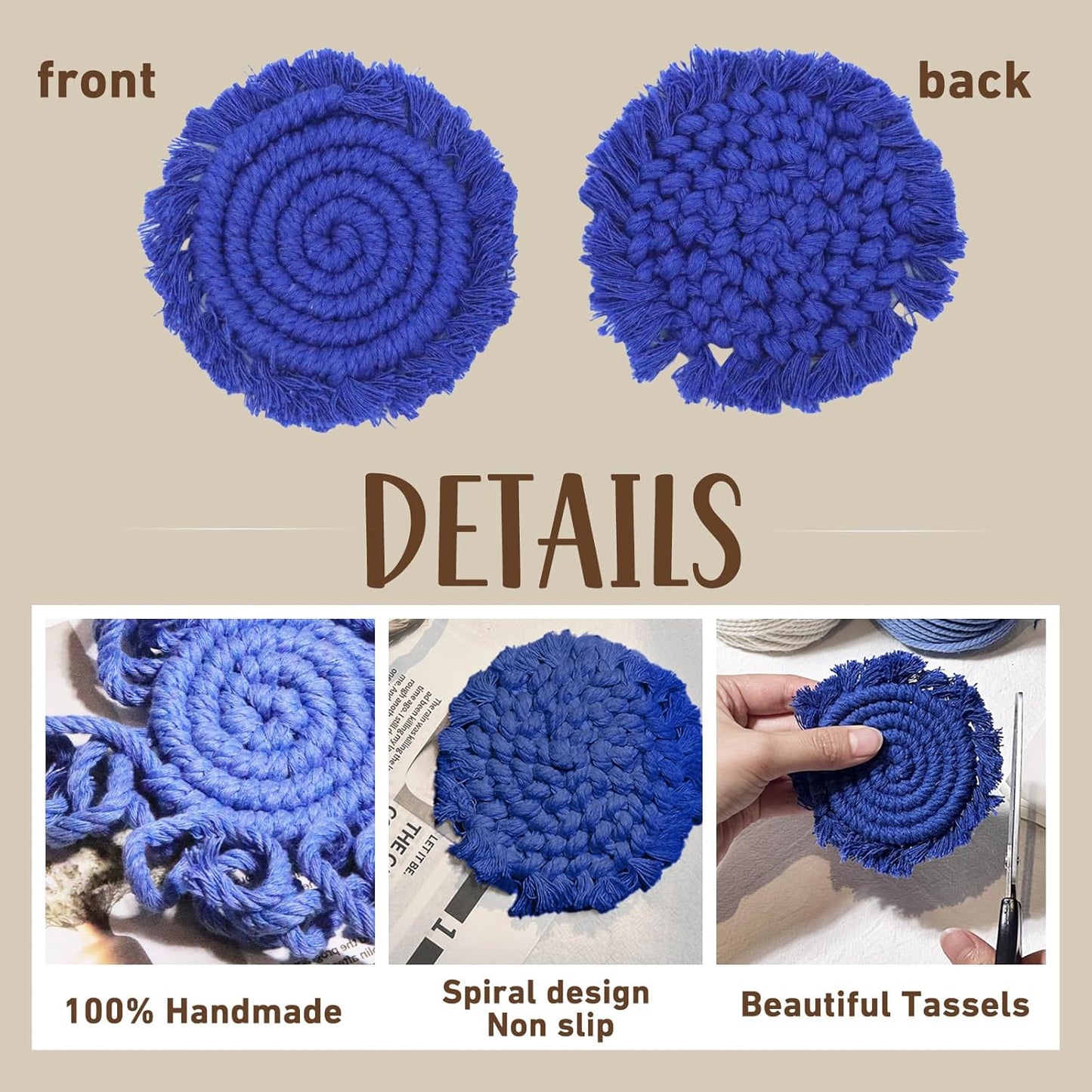 7.4in Boho Coasters for Drinks, Handmade Woven Absorbent Coasters for Desk, Farmhouse Cute Coaster for Mugs Cups - Gifts for Women, Beige