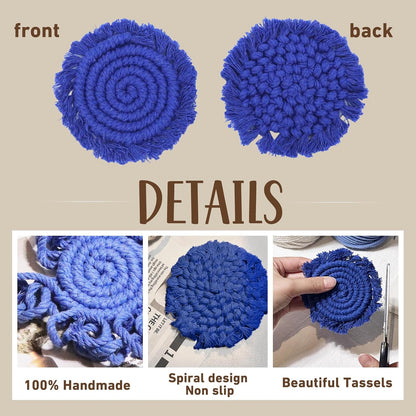 7.4in Boho Coasters for Drinks, Handmade Woven Absorbent Coasters for Desk, Farmhouse Cute Coaster for Mugs Cups - Gifts for Women, Beige