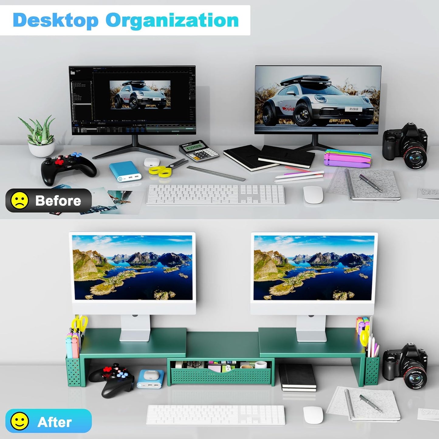 Spacrea Metal Desk Organizers and Accessories, Dual Monitor Stand Riser with Drawer and 2 Pen Holders, Desk Accessories & Workspace Desktop Organizers for Office Supplies (Wood)