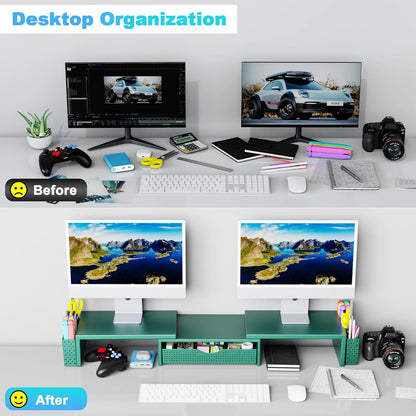 Spacrea Metal Desk Organizers and Accessories, Dual Monitor Stand Riser with Drawer and 2 Pen Holders, Desk Accessories & Workspace Desktop Organizers for Office Supplies (Wood)