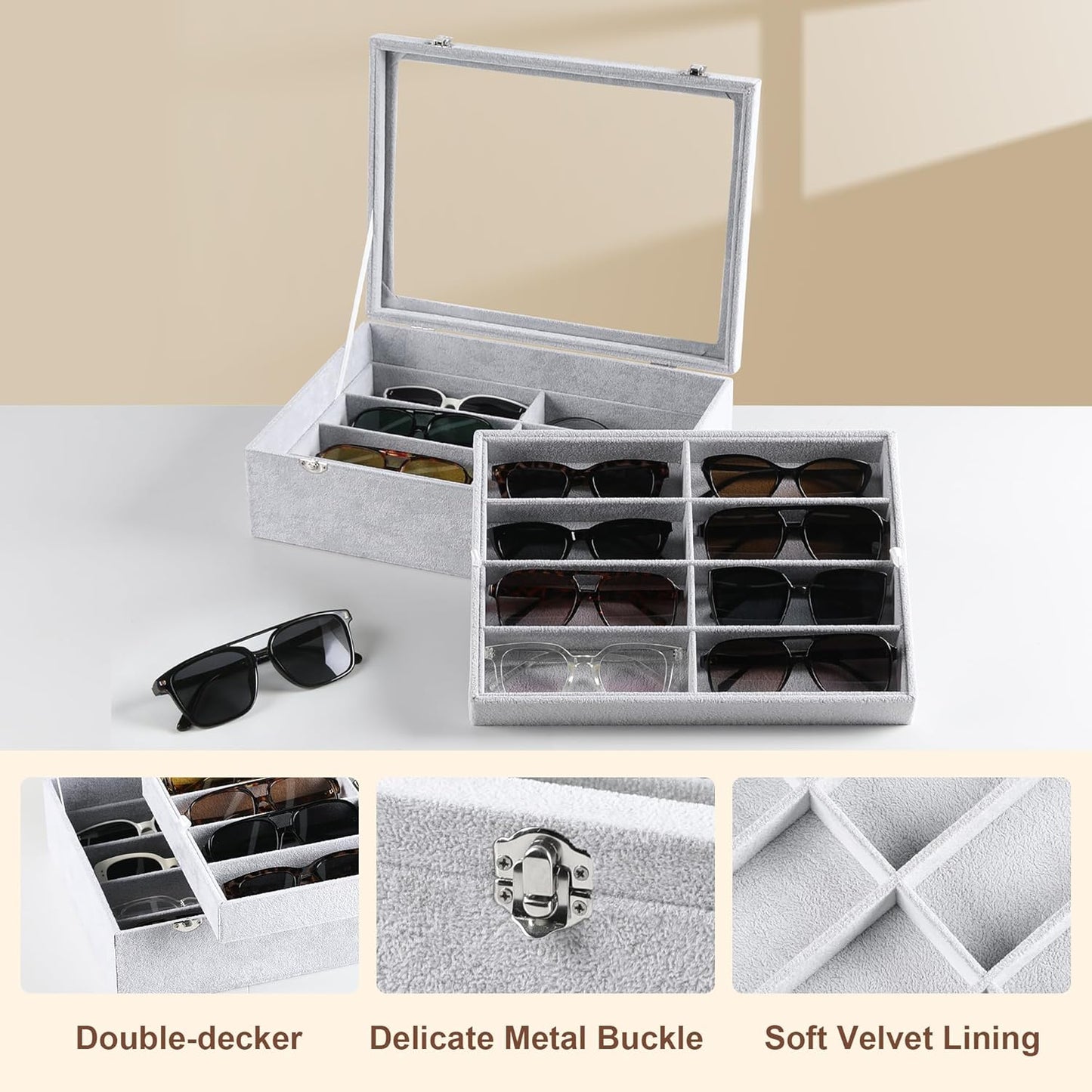 Frebeauty 16 Slots Sunglasses Organizer,2 Layer Velvet Sunglasses Tray with Glass Lid,Multiple Pairs Sunglass Display Case for Man or Woman,13.7 * 10.25 * 4.1 Inches Eyeglass/Eyewear Box (Beige)