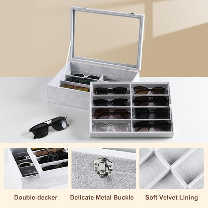 Frebeauty 16 Slots Sunglasses Organizer,2 Layer Velvet Sunglasses Tray with Glass Lid,Multiple Pairs Sunglass Display Case for Man or Woman,13.7 * 10.25 * 4.1 Inches Eyeglass/Eyewear Box (Beige)