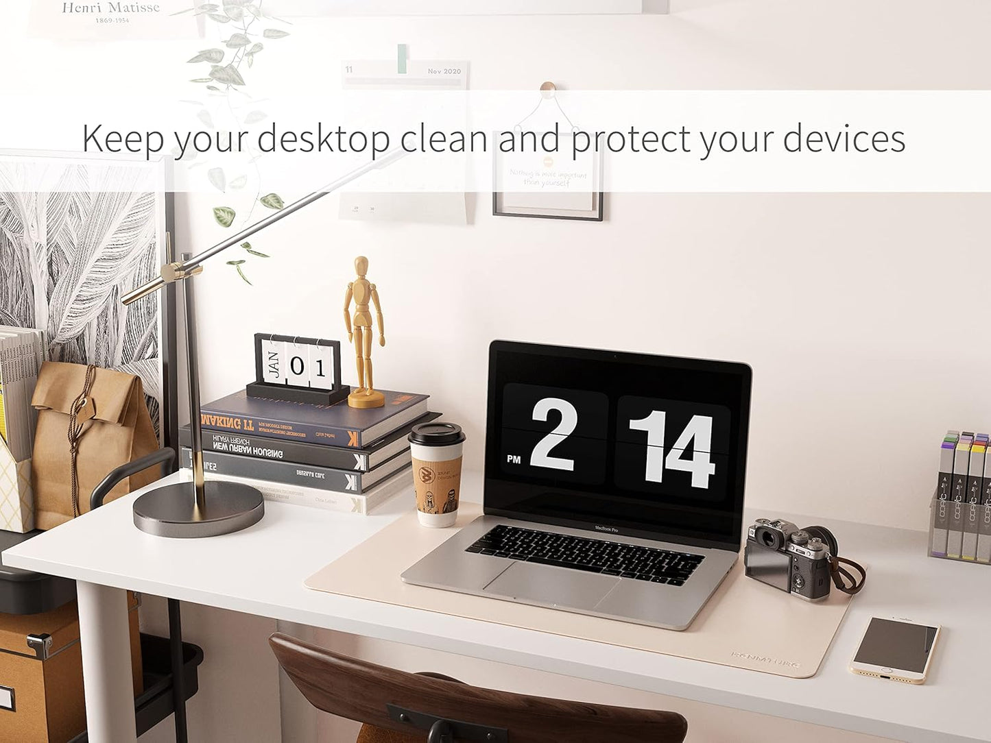 RENMTURE Dual-Sided Mouse Pad, Natural Cork & PU Leather Large Desk Pad for Office and Home Work, Desk Protector Non-Slip, Waterproof, Easy Clean (Olive Green, 32"x16")