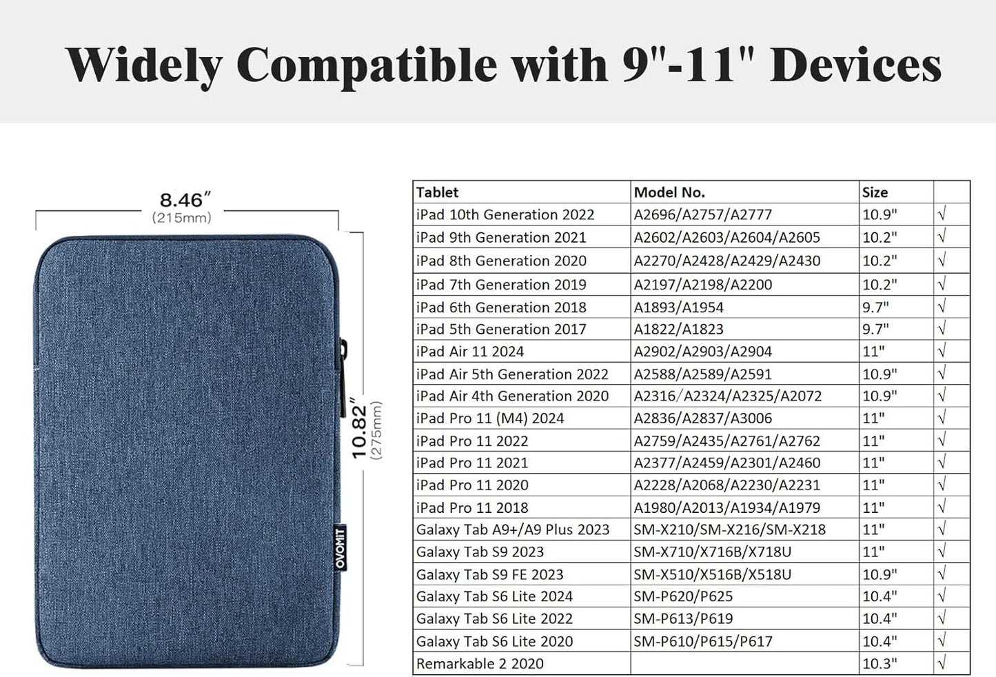 TiMOVO 9-11" Tablet Sleeve Bag for iPad 11-inch A16 2025, iPad 10.9"/10.2"| Air 11 Inch/5th/4th Gen. 10.9", Galaxy Tab A9+/A11Plus 11", Protective Bag Fit Smart Keyboard, Dusty Blue