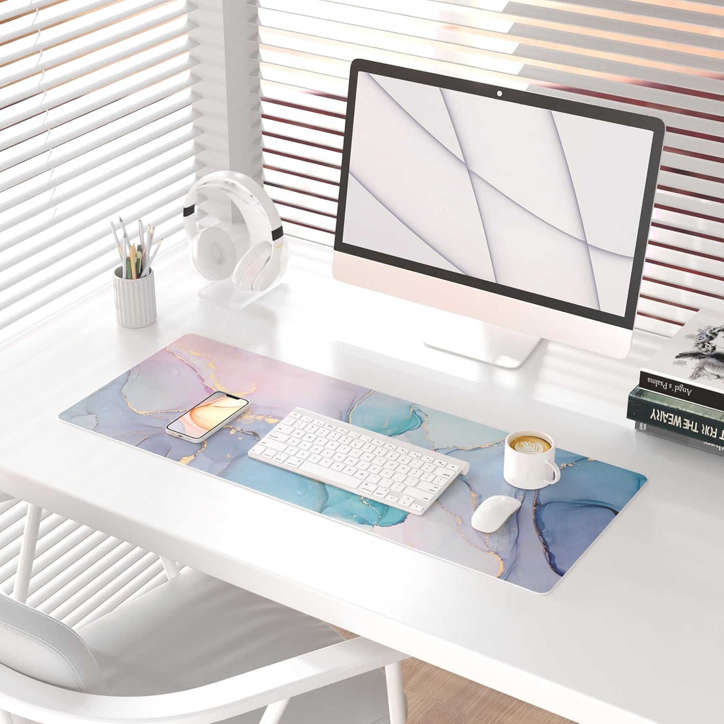 QIYI Large Mouse Pad, Cute Pink Desk Mat for Desktop, Women Girls PU Leather Desk Pad Waterproof Gaming Mousepad, Rose Gold Marble Computer Protector Writing Pad for School Office Home 31.5" x 15.7"