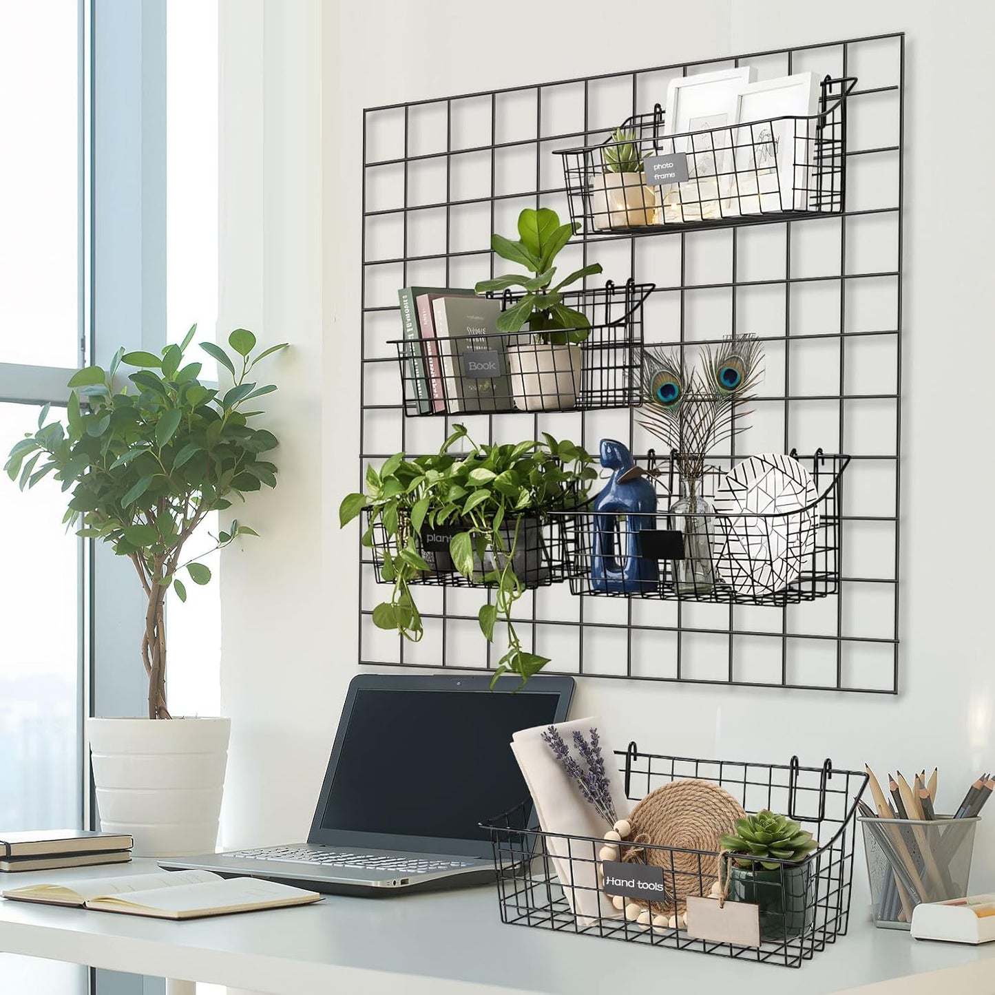 4 Pack Black Grid Wall Baskets, 12 x 6 x 5.1 Inch Metal Wire Wall Basket with Hooks Label Hanging Basket Accessory for Vendor Trade Shows, Kitchen, Bathroom, Pantry Storage