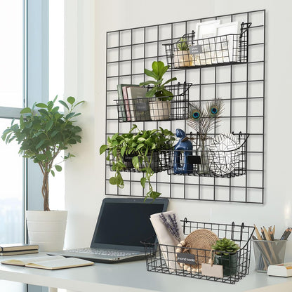 4 Pack Black Grid Wall Baskets, 12 x 6 x 5.1 Inch Metal Wire Wall Basket with Hooks Label Hanging Basket Accessory for Vendor Trade Shows, Kitchen, Bathroom, Pantry Storage