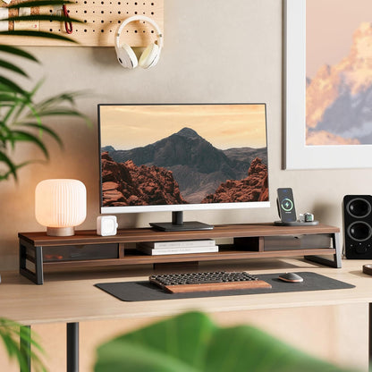 Fenge Dual Monitor Stand, Monitor Riser with Drawer, 42.5 Inch Large Computer Monitor Stand for 2 Monitors, 2 Tier Wooden Desk Shelf for Top of Desk