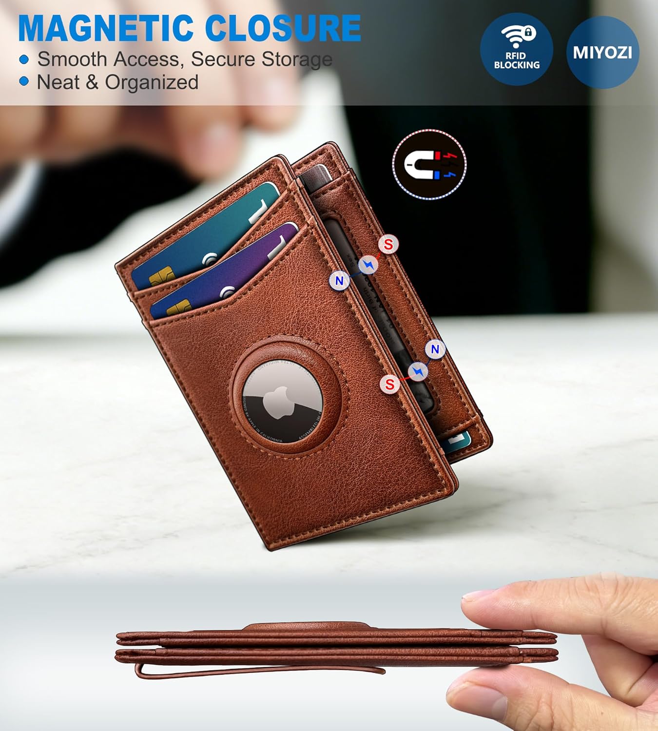 miyozi Airtag Wallet for Men- with Money Clip Gift Boxed, Magnetic Closure Slim Genuine Leather Front Pocket Wallet, 4.1"x 2.8", RFID Blocking