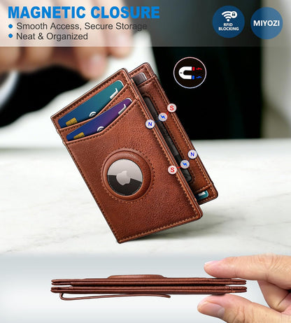miyozi Airtag Wallet for Men- with Money Clip Gift Boxed, Magnetic Closure Slim Genuine Leather Front Pocket Wallet, 4.1"x 2.8", RFID Blocking