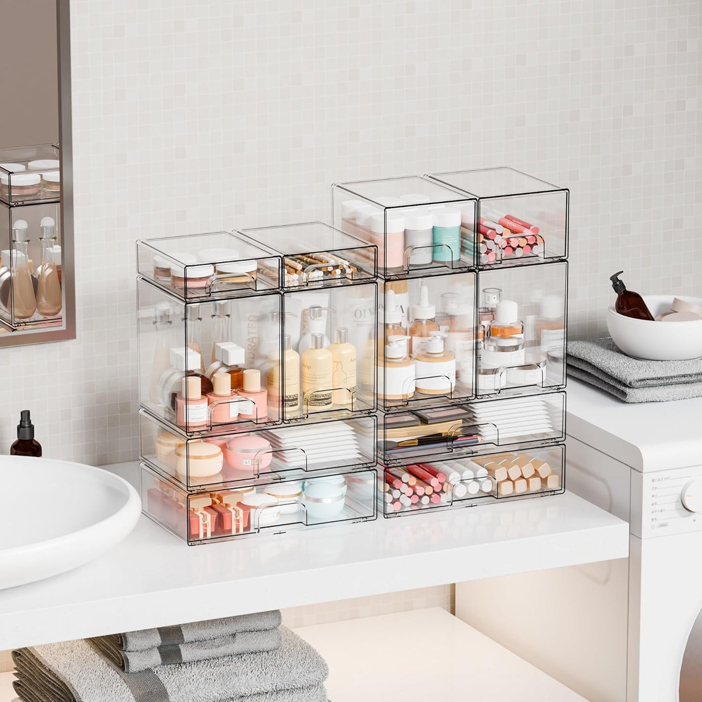 Yieach 8 Pack Small Clear Stackable Storage Drawers,2.2'' Tall Desk Organization and Storage,Plastic Office Supply Organizer,Acrylic Storage Containers for Makeup,Hair Clip,Accessory,Pen,Art Crafts