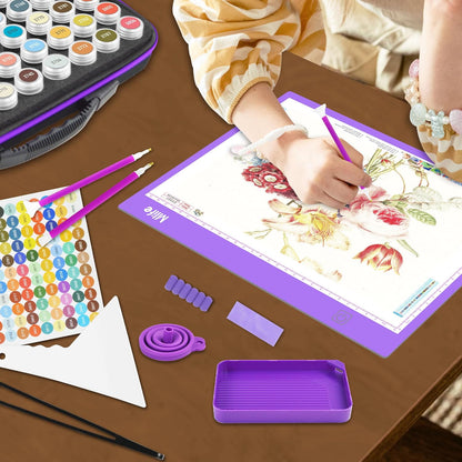 Mlife Diamond Painting Storage Boxes,1 Diamond Painting A4 Light Box Tracing Light Board with 3 Brightness, 80 Slots Bead Storage with 5D Diamond Art Accessories and Tools Kit（Purple）