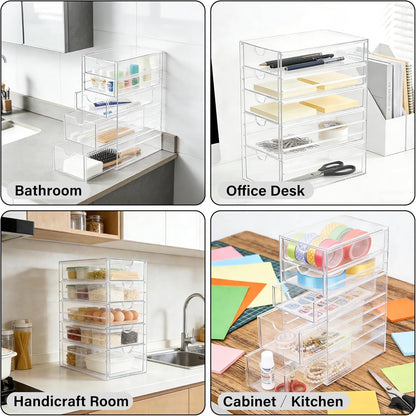 Prsildan Acrylic Drawer Makeup Organizer with 6 Drawers (Not for Baby Bottle), Set of 2 Office Desk Organizers Accessories, Clear Stackable Storage Drawers for Vanity, Craft (Largest Drawer 4" Tall)