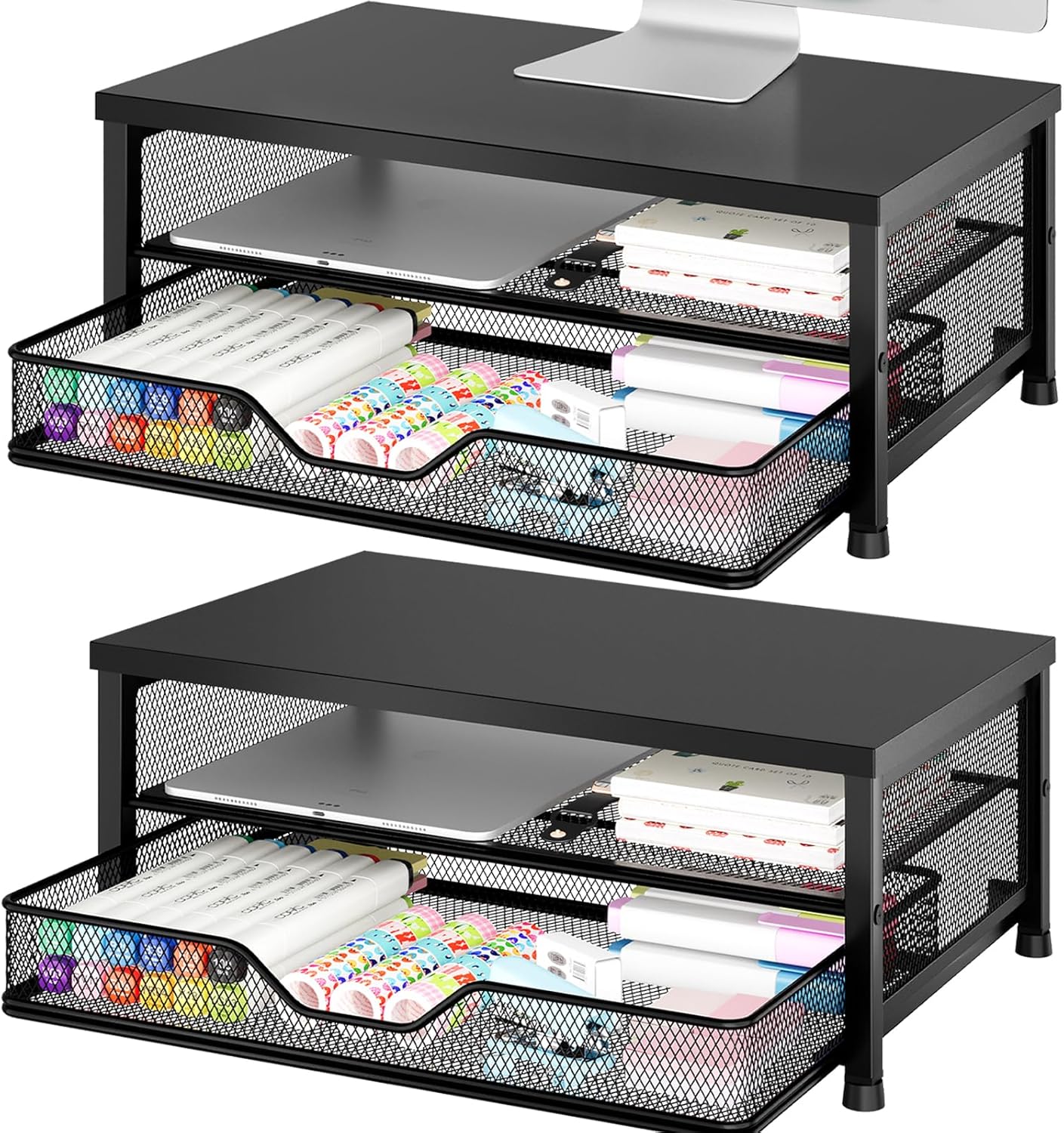OPNICE Computer Monitor Stand Riser, Desk Organizer with Drawer, Printer & Laptop Stand, Office Desk Accessories & Workspace Desktop Organizers Storage for Office Supplies(Black)