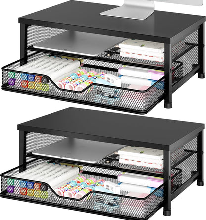 OPNICE Computer Monitor Stand Riser, Desk Organizer with Drawer, Printer & Laptop Stand, Office Desk Accessories & Workspace Desktop Organizers Storage for Office Supplies(Black)