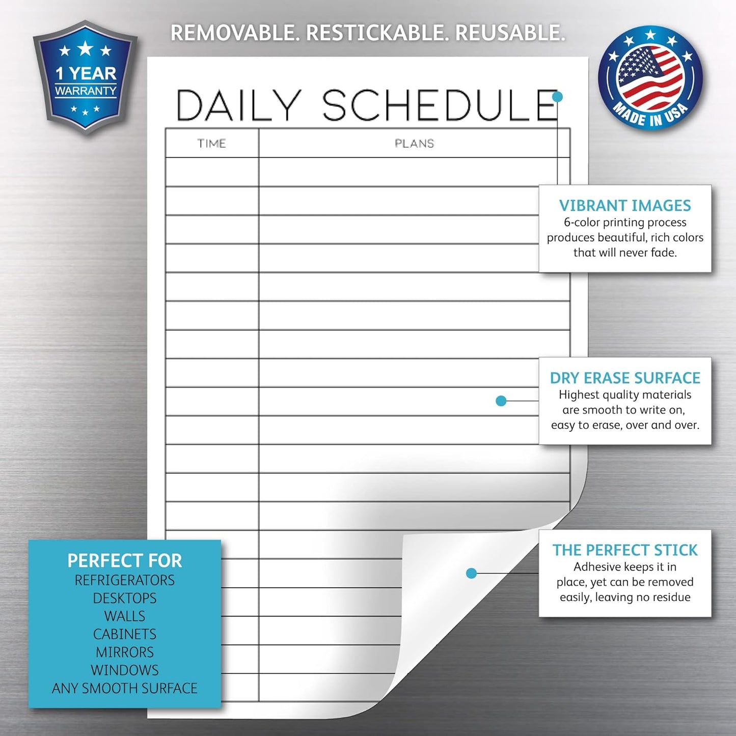 Dry Erase Daily Schedule Planner Sticker Decal by Glassboard Studio | Removable & Reusable | Magnetic Fine-Tip Marker Included (9 x 12 inches, White)