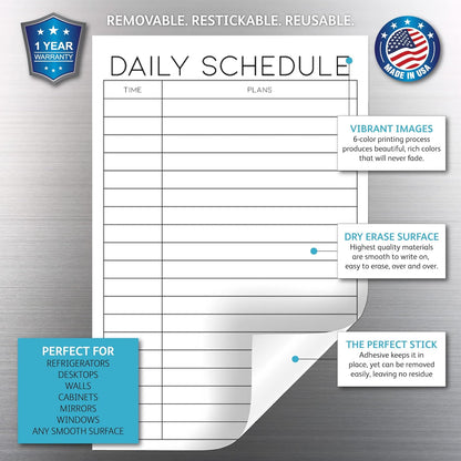 Dry Erase Daily Schedule Planner Sticker Decal by Glassboard Studio | Removable & Reusable | Magnetic Fine-Tip Marker Included (9 x 12 inches, White)