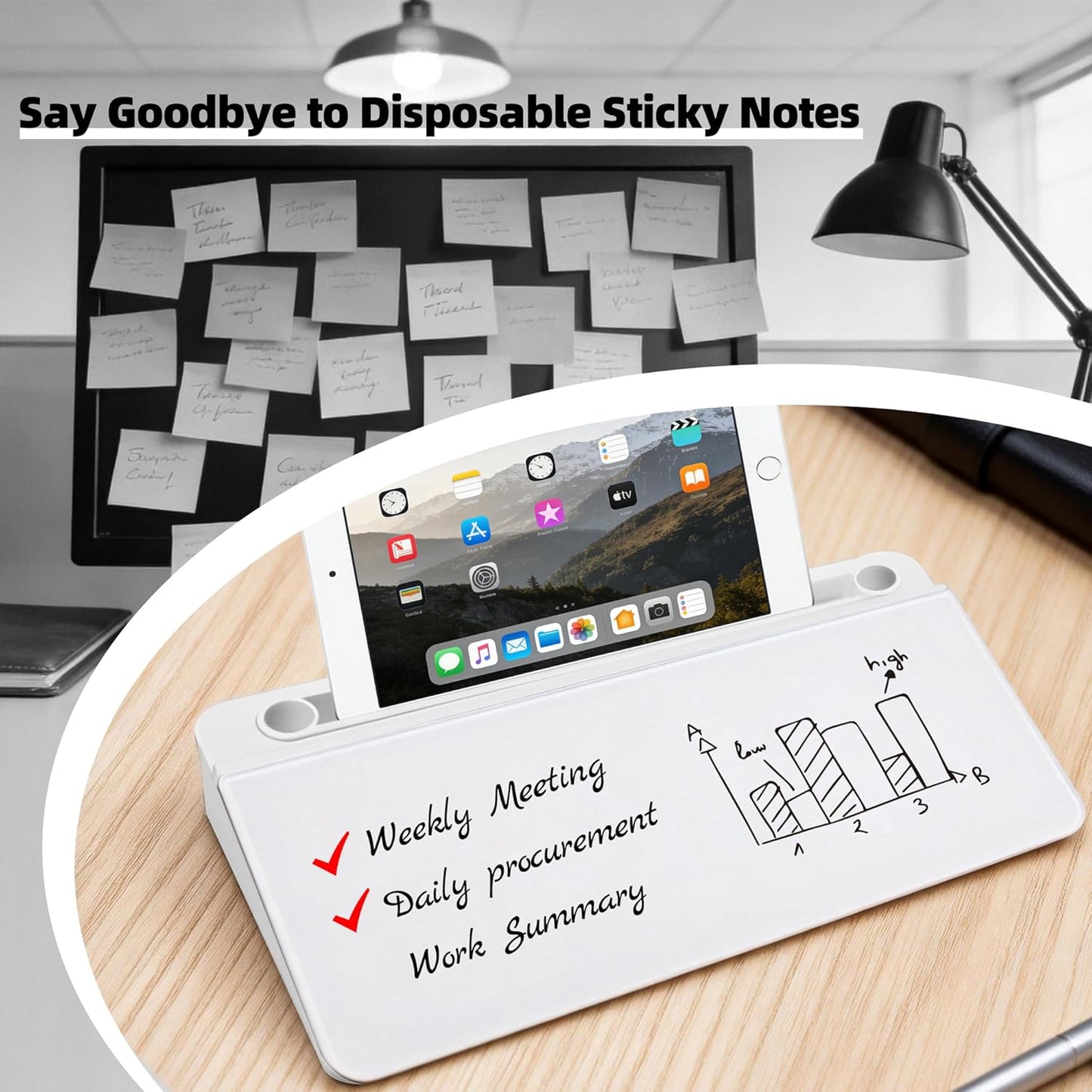 Desktop Whiteboard, Glass Dry Erase Board, Desk Board Buddy,Computer Keyboard Stand,Desk Whiteboard Organizer for Home,Office,School Supplies(White)