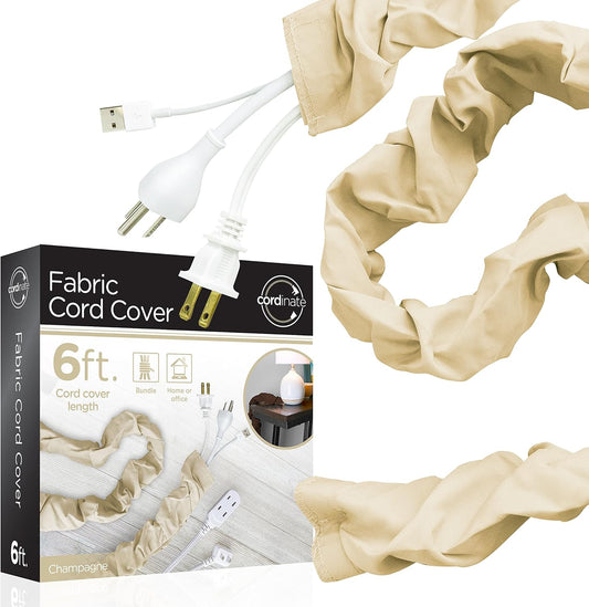 Cordinate Fabric Cord Cover 2 Pack, 6 Ft, Cable Management and Hider, Easy Installation, Great for Lamps, Light Fixtures, and Desks, Champagne, 48660