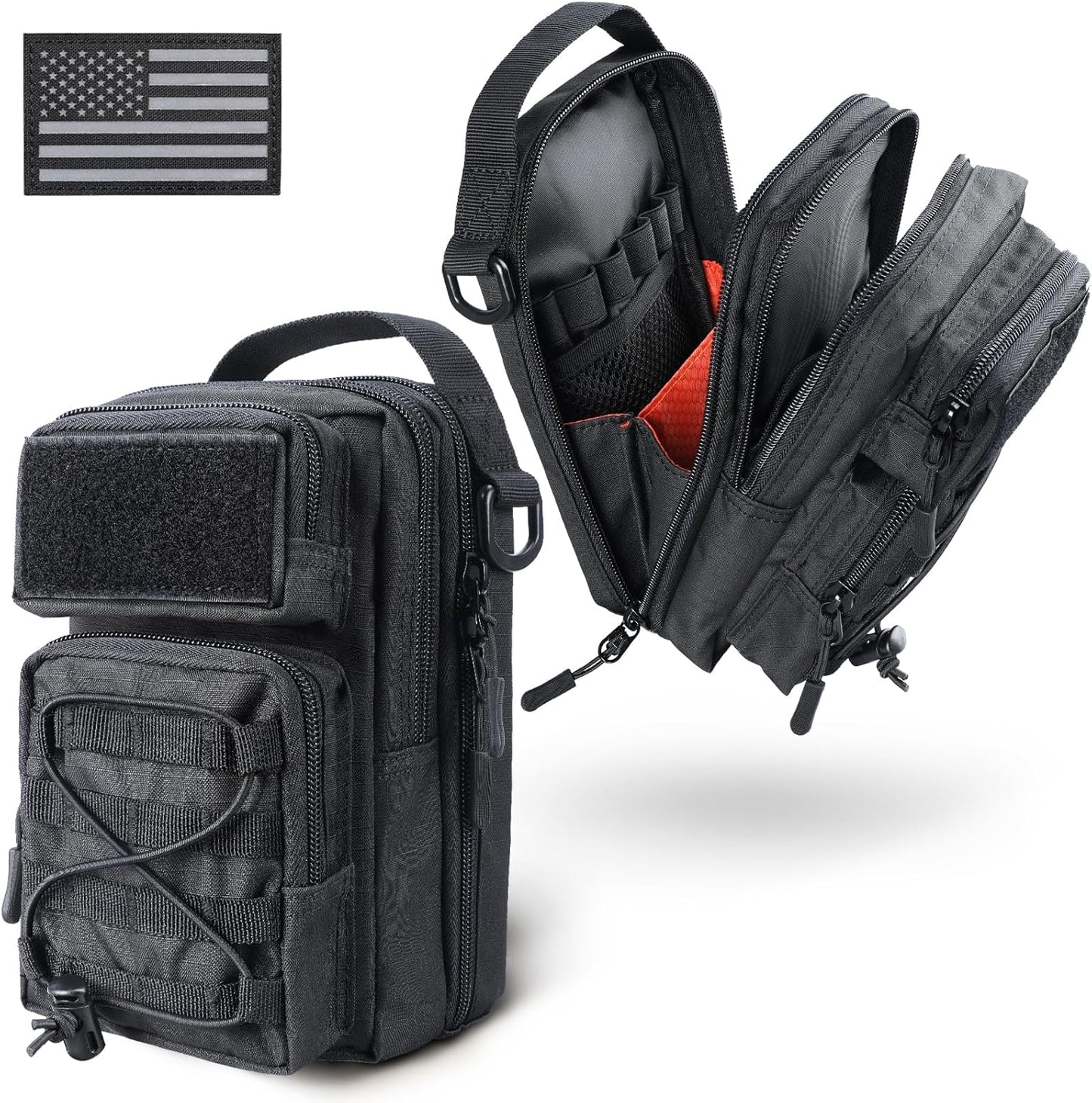 RXW Large Capacity Pencil Pouch for Boys, Tactical EDC Zippered Pencil Bag, Small Tool Pouch for Adults (includes US Flag Patch + 2 MOLLE Straps) (Black)