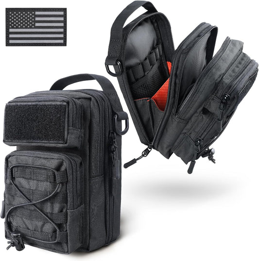 RXW Large Capacity Pencil Pouch for Boys, Tactical EDC Zippered Pencil Bag, Small Tool Pouch for Adults (includes US Flag Patch + 2 MOLLE Straps) (Black)
