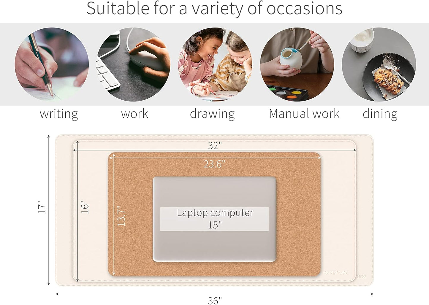 RENMTURE Dual-Sided Mouse Pad, Natural Cork & PU Leather Large Desk Pad for Office and Home Work, Desk Protector Non-Slip, Waterproof, Easy Clean (Olive Green, 32"x16")