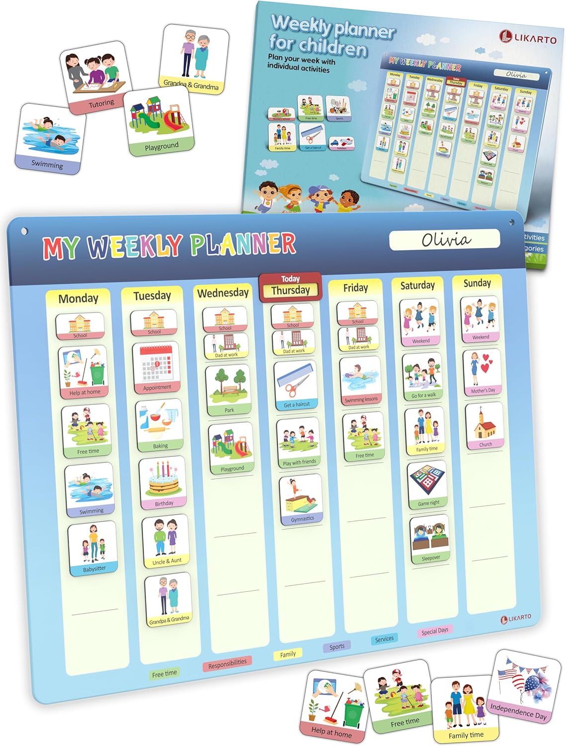 LIKARTO® Weekly Planner for Children - Montessori Magnetic Board incl 194 Magnets & Cord - Fully Writable & Wipeable - Encourages Independence
