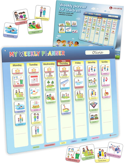 LIKARTO® Weekly Planner for Children - Montessori Magnetic Board incl 194 Magnets & Cord - Fully Writable & Wipeable - Encourages Independence