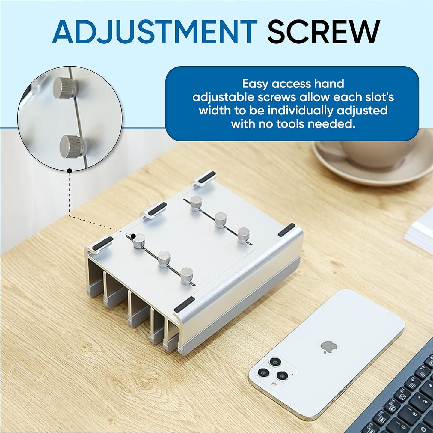 Elestoria 5- Slot Vertical Laptop Stand - Aluminum Laptop Stand Vertical for Desk - Adjustable Width (12-38mm) Fits MacBook Pro/Air, Surface & Gaming Laptops upto 17.3"-Heavy Duty Laptop Holder-Silver