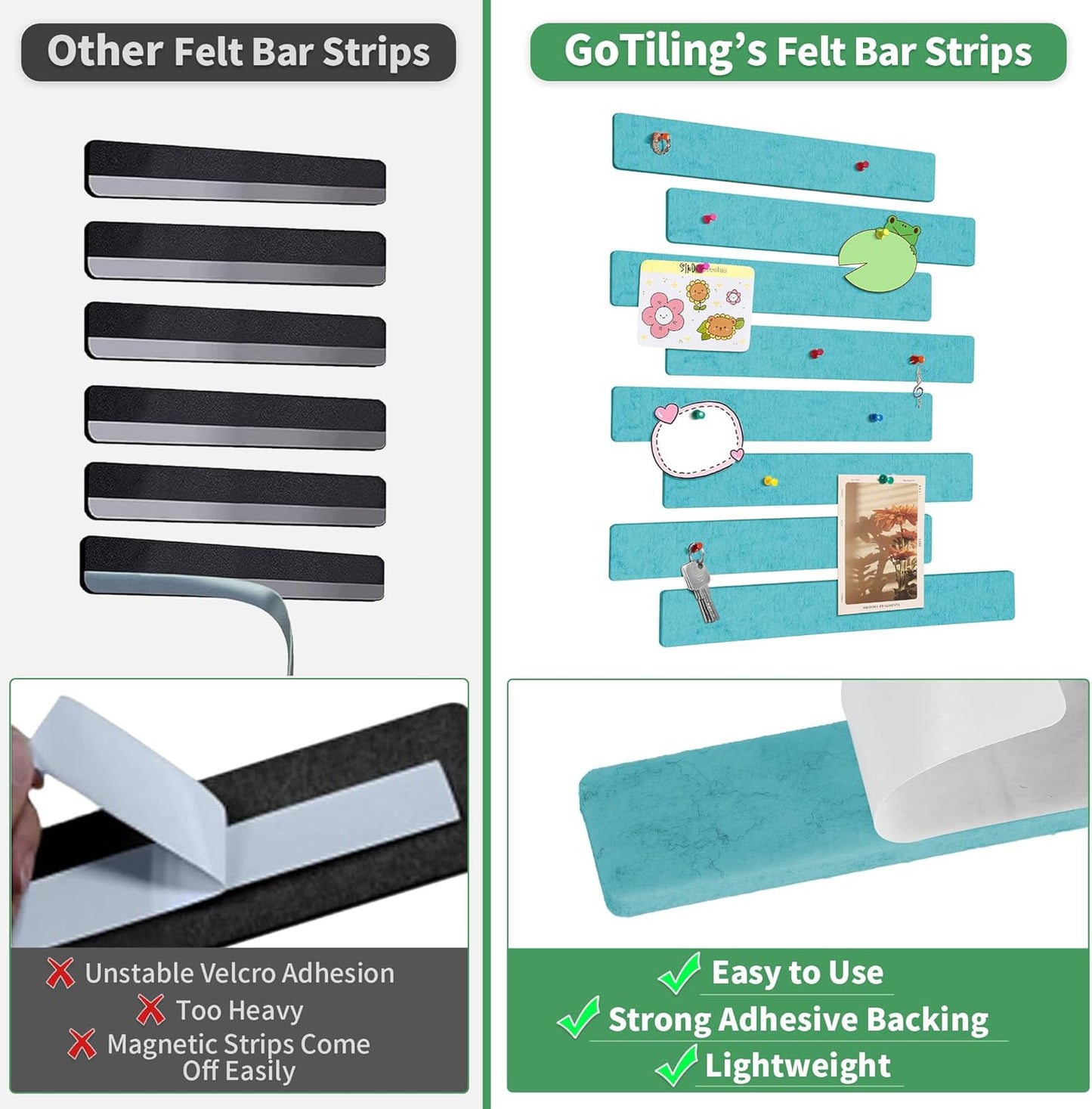 Cork Board for Walls - 8 Pack Felt Pin Board Bar Strips - Self-Adhesive Lightweight Bulletin Board - Cork Board for Office with 40 Push Pins No Damage for Wall