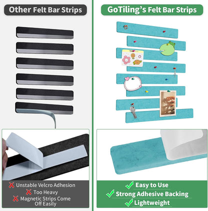 Cork Board for Walls - 8 Pack Felt Pin Board Bar Strips - Self-Adhesive Lightweight Bulletin Board - Cork Board for Office with 40 Push Pins No Damage for Wall