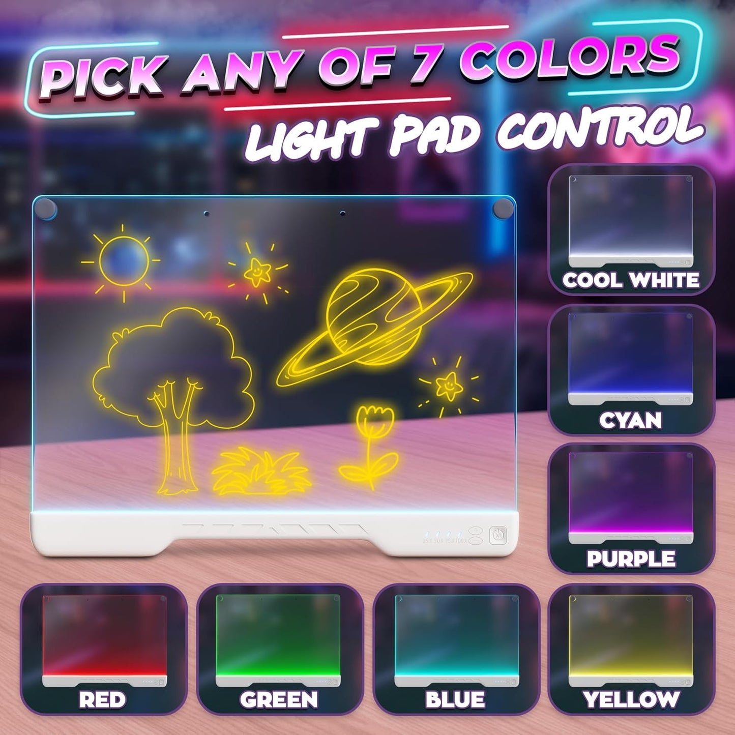Upgraded 16-Inch LED Drawing Board Rechargeable – 7 Colors, 10 Lighting Effects, Adjustable Brightness – Acrylic Light Board for Tracing with Stand, Markers & Complete Set – Birthday Gift Idea (Black)