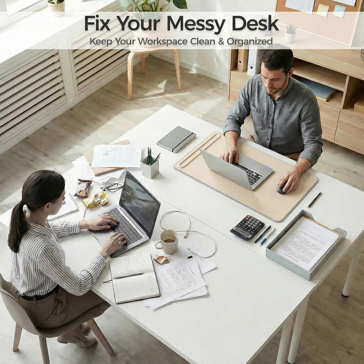 Desk Mat – Double-Sided Vegan Leather & Felt | Built-In Magnetic Cable Organizer & File Storage | Premium Workspace Pad for Office, Gaming & Creative Professionals-（Brown）