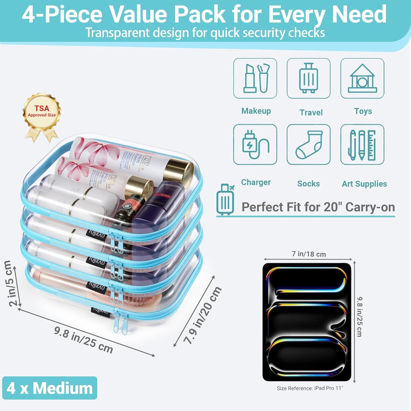 YQBRAO 6 Pack Clear Hard Shell Zipper Case, 1.2mm Heavy Duty Crush-Proof Diaper Bag Organizer Pouches, TSA Approved Travel Makeup Bag for Toiletries & Electronics, (2L, 2M, 2S) Multi-Size Storage Set