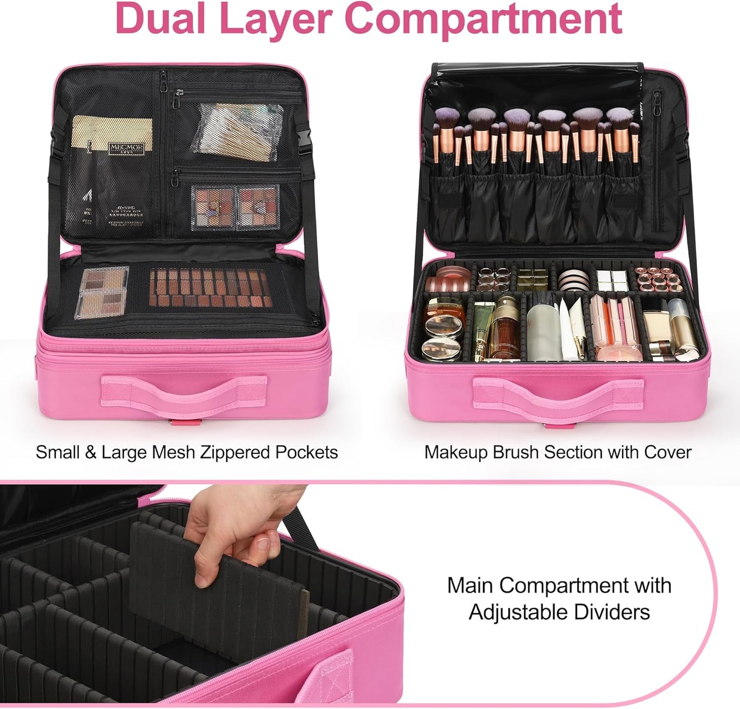 Relavel Makeup Case Large Makeup Bag Professional Train Case 16.5 inches Travel Cosmetic Organizer Brush Holder Waterproof Makeup Artist Storage Box, 3 Layer Large Capacity, with Adjustable Strap