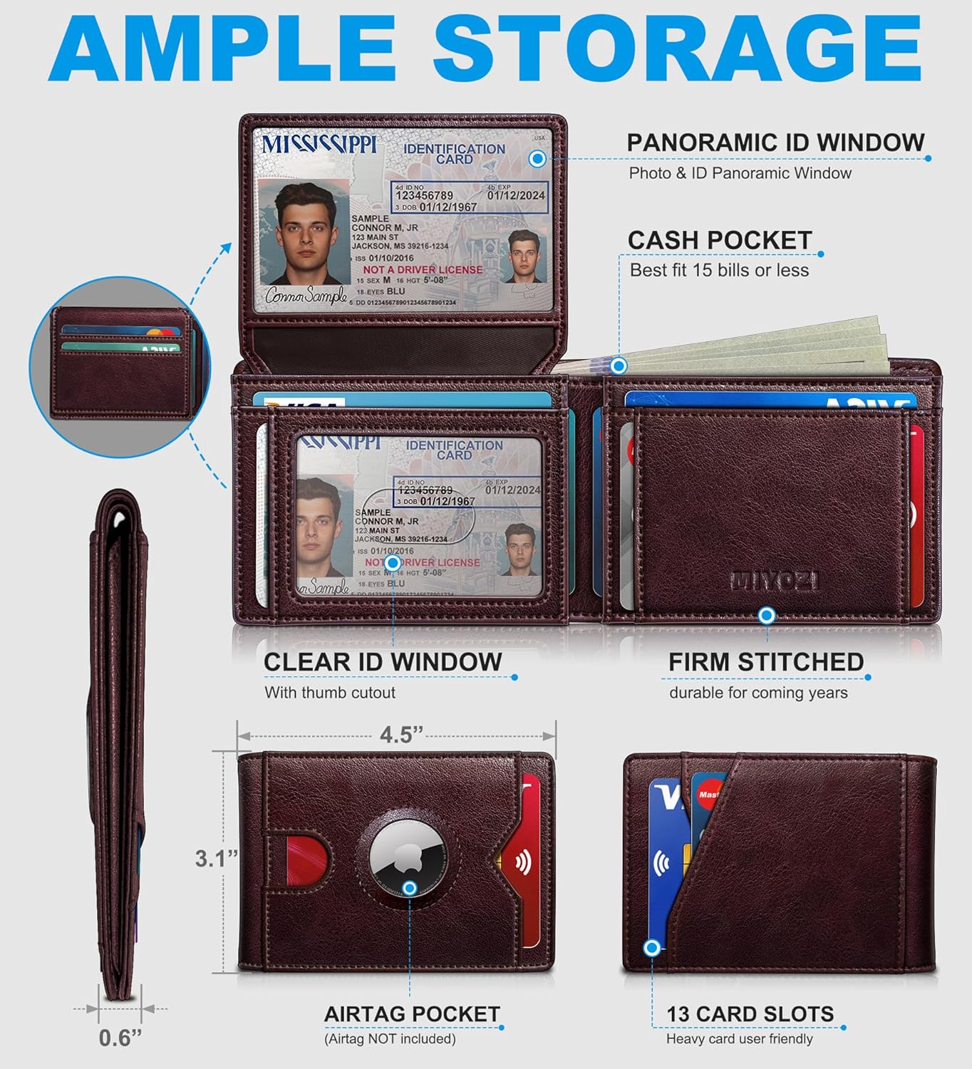 miyozi AirTag Wallet for Men, Slim Leather Bifold with Holder Slot, 2 ID Windows & 13 Card Slots, RFID Blocking Front Pocket Wallet with Gift Box