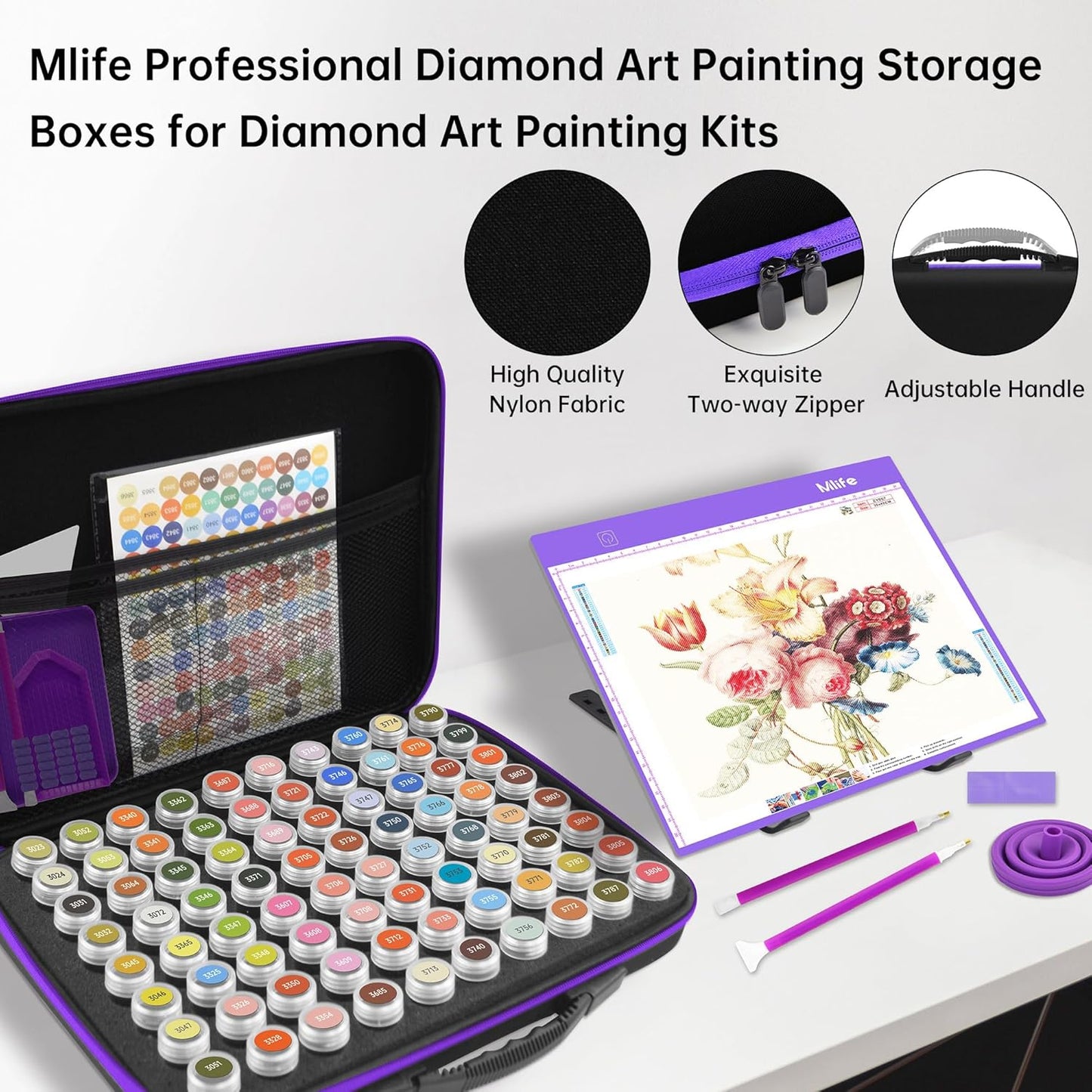 Mlife Diamond Painting Storage Boxes,1 Diamond Painting A4 Light Box Tracing Light Board with 3 Brightness, 80 Slots Bead Storage with 5D Diamond Art Accessories and Tools Kit（Purple）