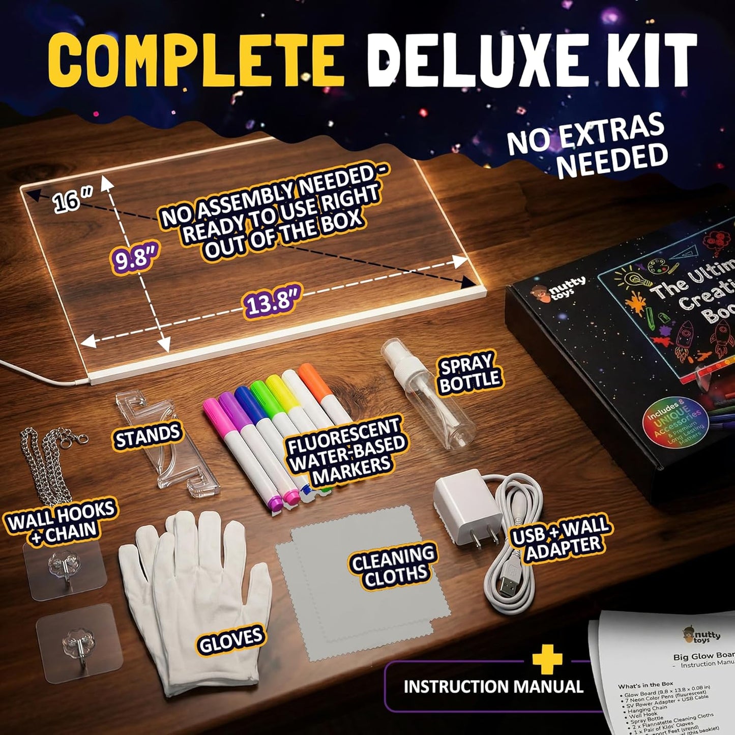 Nutty Toys Magic LED Drawing Board - 10 Light Up Modes - XL 16" Dry Erase Glow Note Doodle Pad - Pens, Adapter & Accessories incl., Top Birthday & Easter Gifts 2026 for Kids, Girls, Boys & Teens