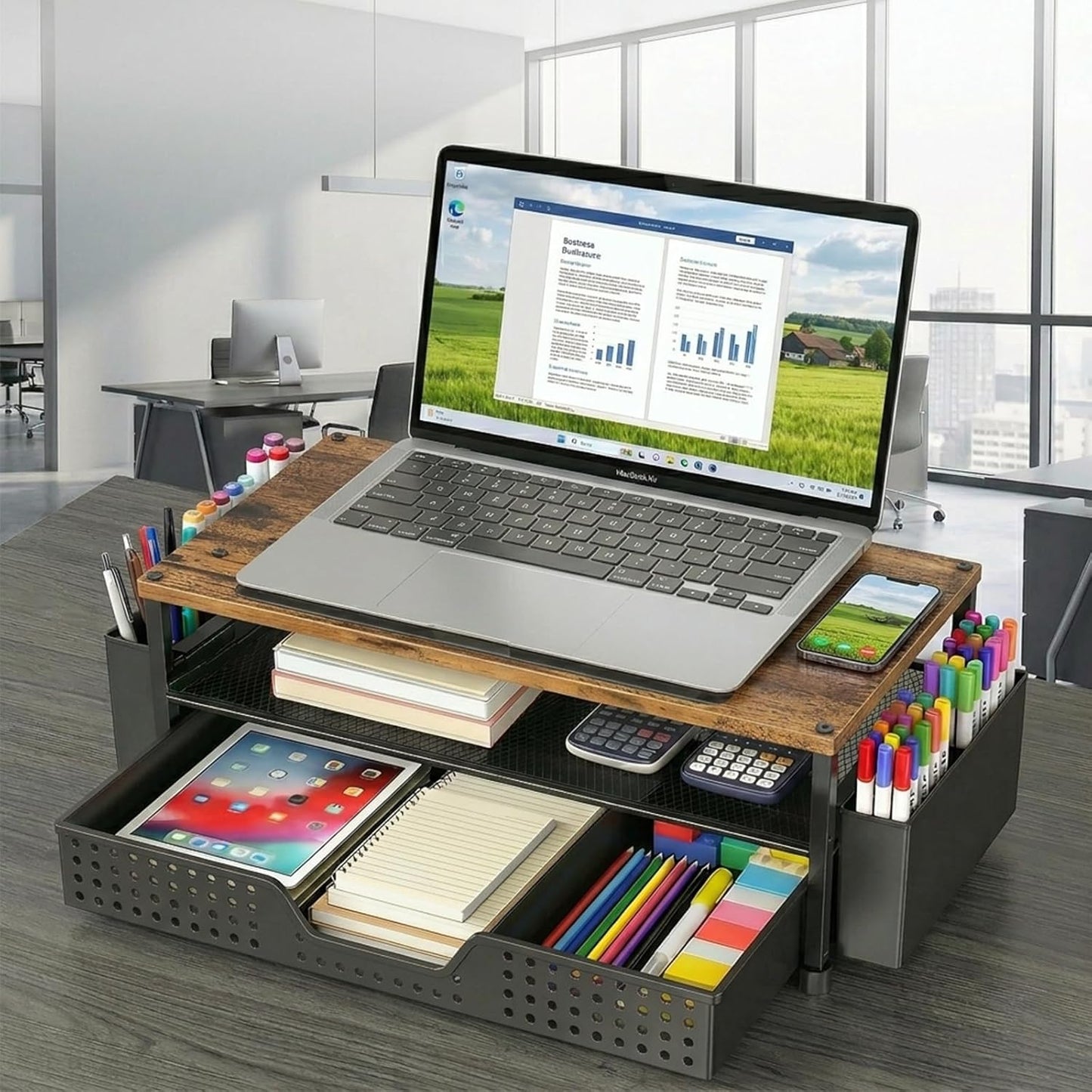 ECOLOVI Desk Organizer and Accessories, 2-Tier Computer Monitor Stand Rise with Storage Drawer & 2 Pen Holders, Laptop & Printer Stand for Desktop, Workspace Organizers for Office Supplies (Brown)