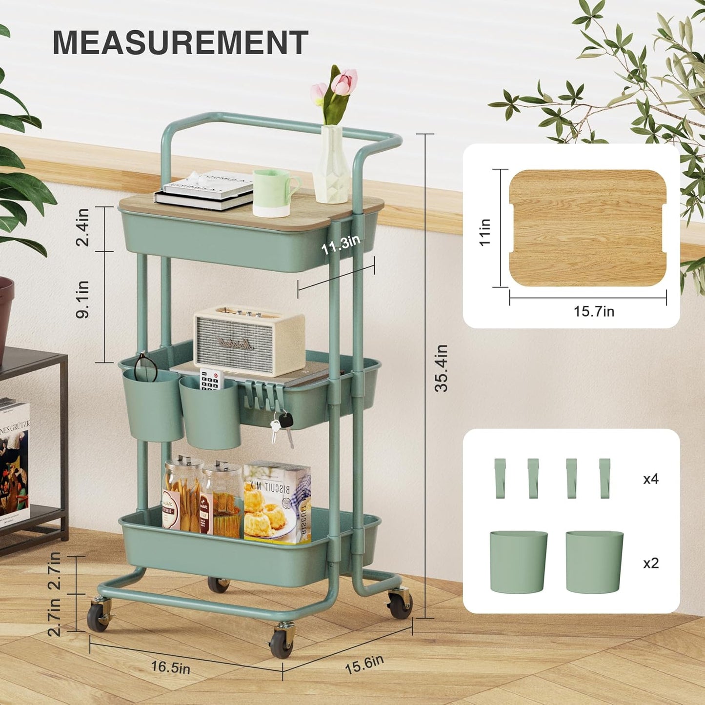 DTK 3 Tier Metal Utility Rolling Cart with Table Top and Side Bags, Tray Storage Organizer Wheels, Art Craft 4 Hooks for Kitchen Bathroom Office Living Room (Black)