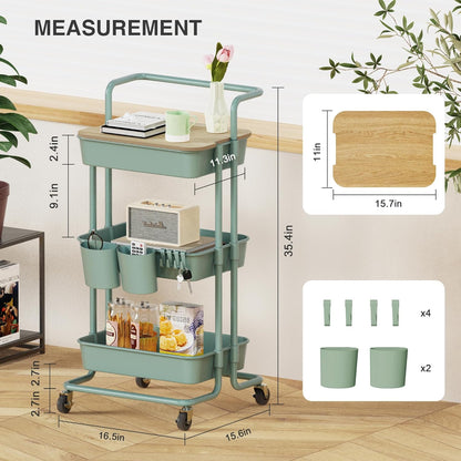 DTK 3 Tier Metal Utility Rolling Cart with Table Top and Side Bags, Tray Storage Organizer Wheels, Art Craft 4 Hooks for Kitchen Bathroom Office Living Room (Black)