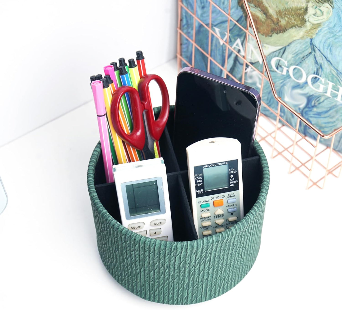Round Leather Art Supply Organizer,Remote Control Holder,360 Degree Rotating,Multi-Functional Pencil Holder,4 Compartments Desktop Stationary Organizer(1-Fractal Flower) | Round - Colors B