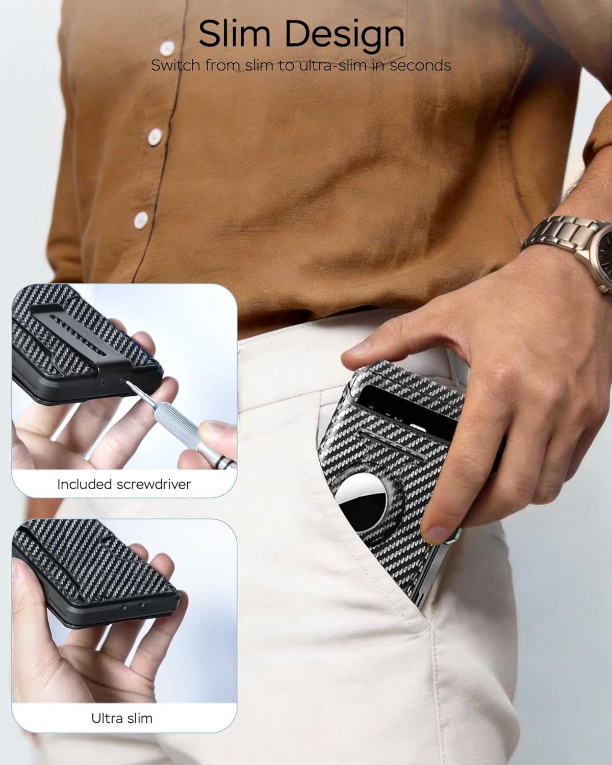 RFID Wallet for Men with AirTag Holder - Brushed Aluminum Pop Up Card Holder, Slim Money Clip Wallet Fits Front Pocket with ID Window, Holds 11 Cards and Cash, Gift for Men