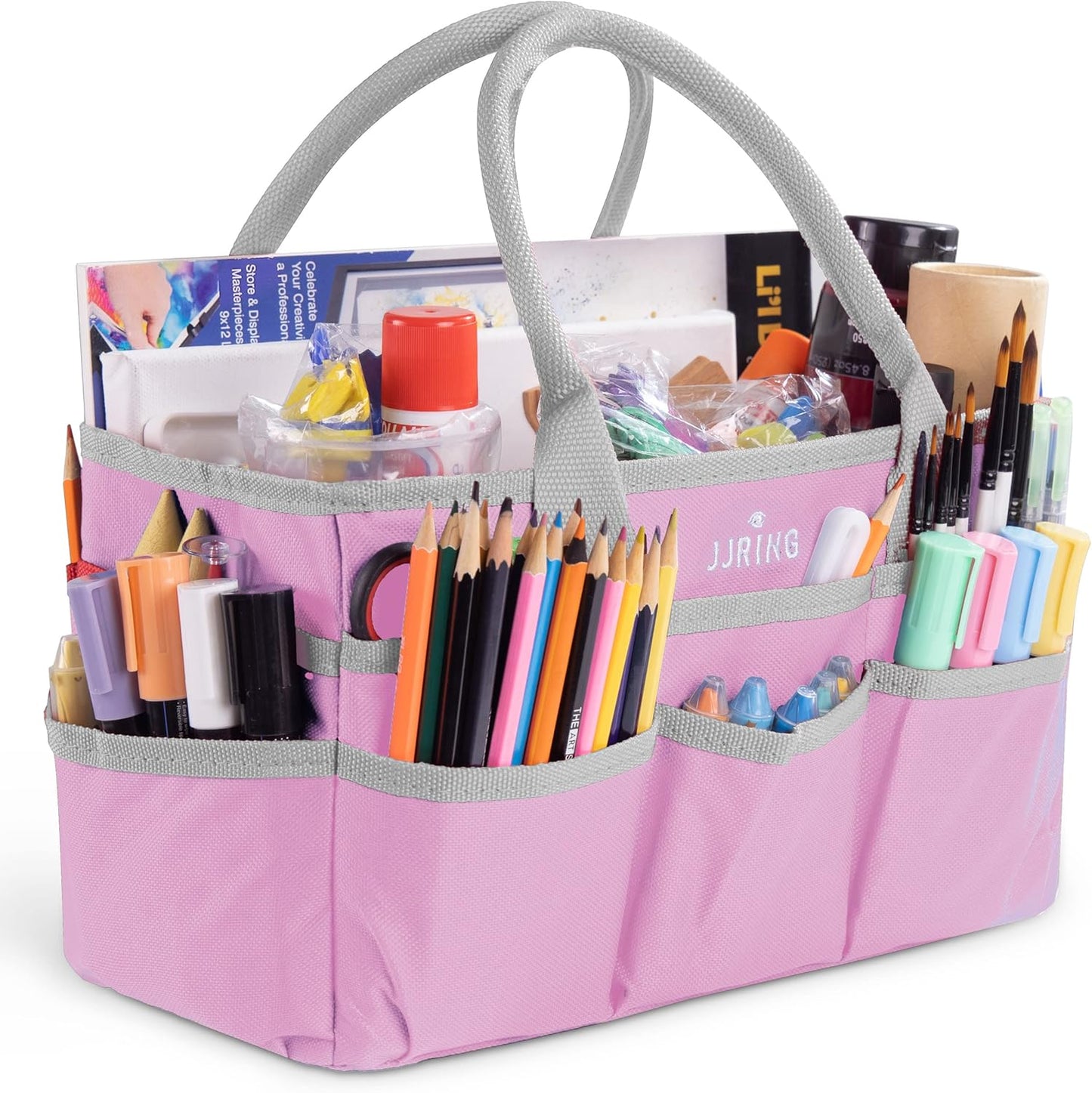 Jjring Craft and Art Organizer Tote Bag - 600D Silver Nylon Fabric Art Caddy with Pockets - for Art, Craft, Sewing, Medical, and Office Supplies Storage